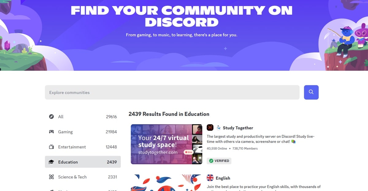 Discord communities under the education category
